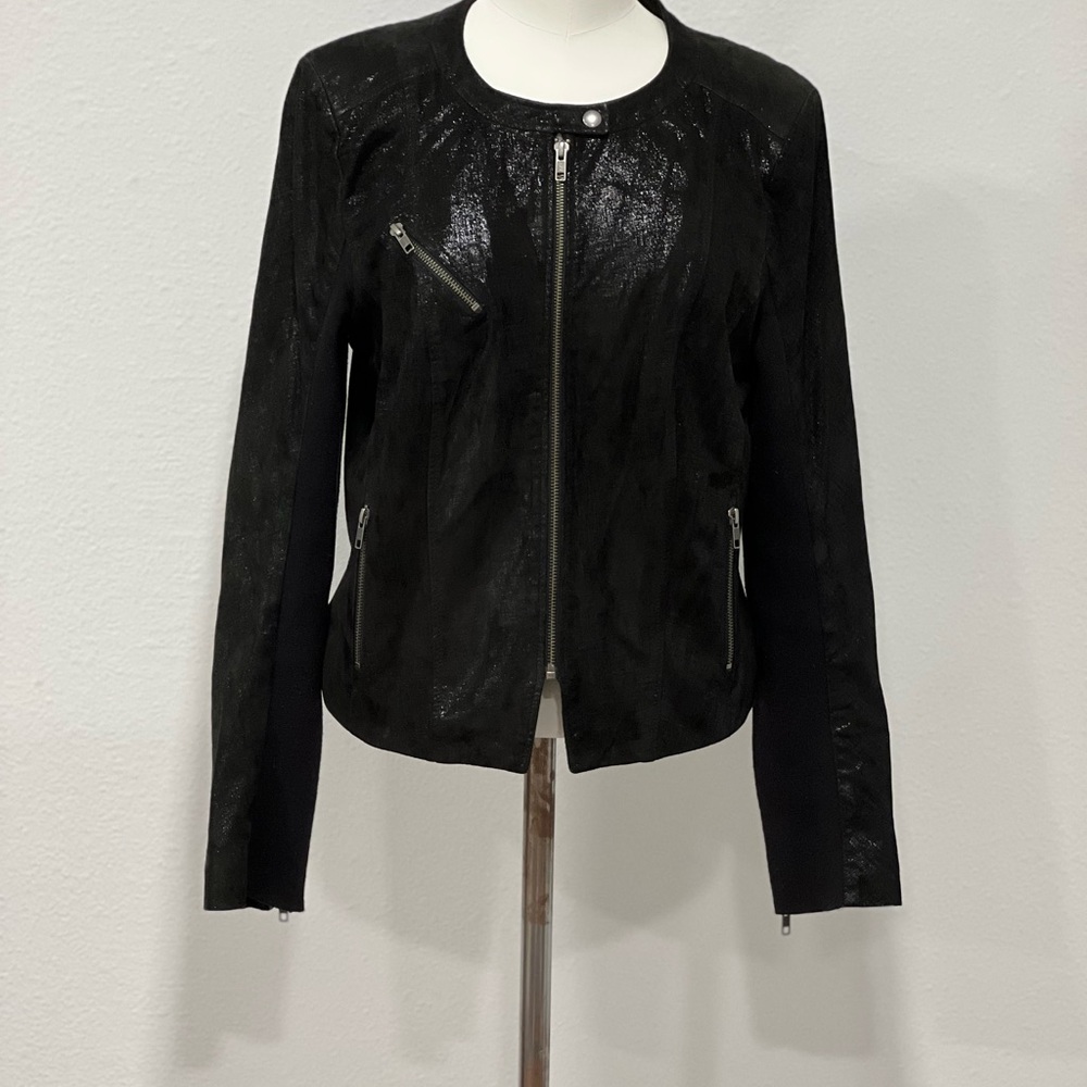 Vintage Halogen Black Leather Moto Jacket Sleek Fitted Design